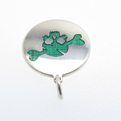 925 Sterling Silver Green Enamel Skull & Bone Round Tag Minimalist Charm Pendant