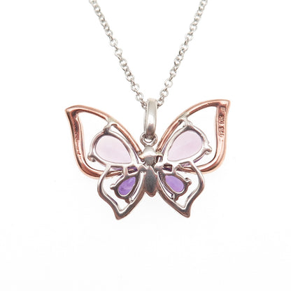 925 Sterling 10K Gold Real Amethyst & Blue Topaz Butterfly Chain Necklace 18"