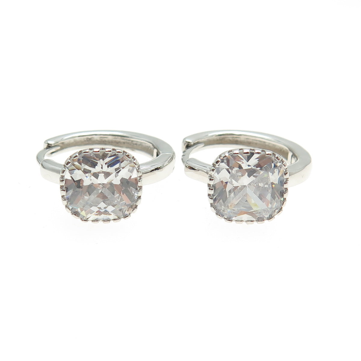 925 Sterling Silver Cushion-Cut Shaped C Z Huggie Earrings