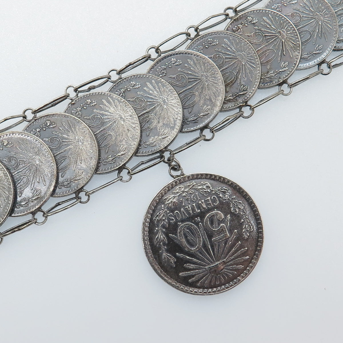 720 Silver Antique 1940s Mexico 20 & 50 Centavos Coin Link Bracelet 7"