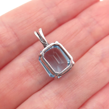 925 Sterling Silver Vintage Emerald-Cut Blue C Z Mini Charm Pendant
