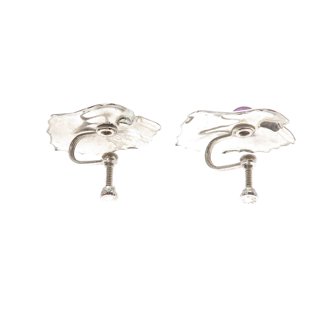 925 Sterling Silver Antique Art Deco Real Amethyst Floral Screw Back Earrings
