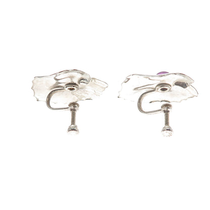 925 Sterling Silver Antique Art Deco Real Amethyst Floral Screw Back Earrings