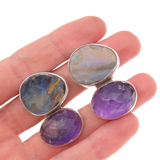 Rebecca Collins 925 Sterling Silver Vintage Real Opal Amethyst Clip On Earrings