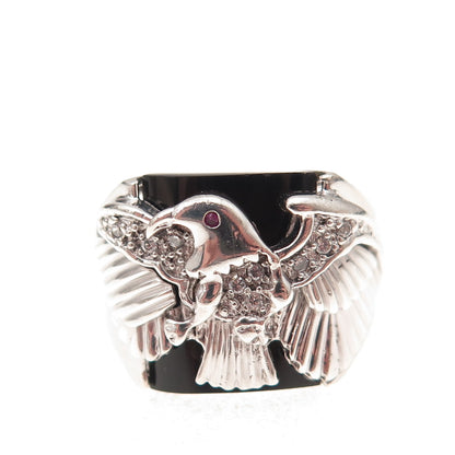 925 Sterling Silver Real Black Onyx Pink & White C Z Eagle Ring Size 9.5