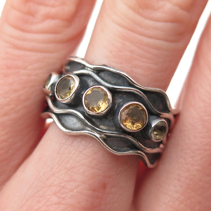 925 Sterling Silver Vintage Real Citrine Modernist Oxidized Ring Size 10