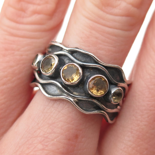 925 Sterling Silver Vintage Real Citrine Modernist Oxidized Ring Size 10