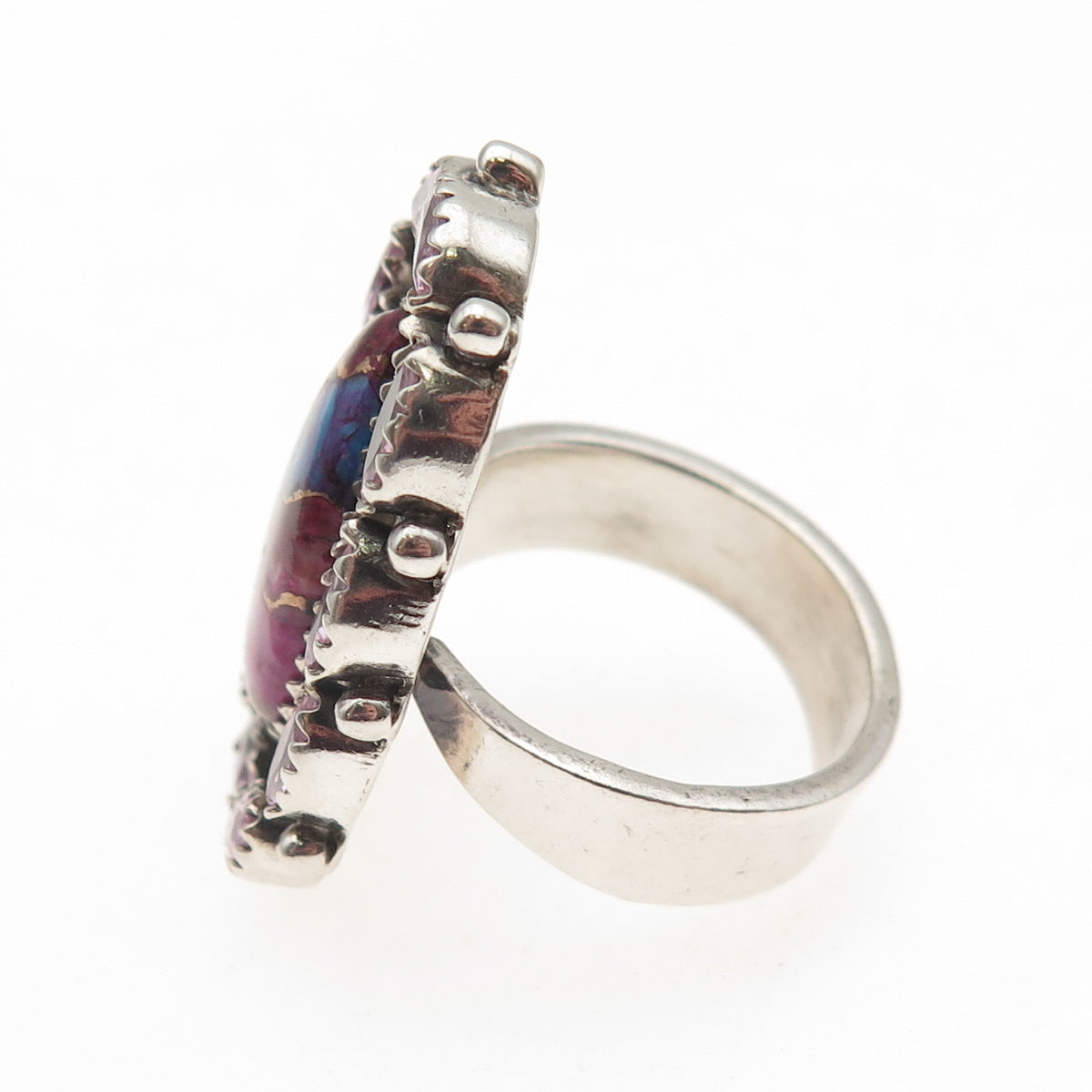 925 Sterling Vintage Real Pink Spiny Oyster Turquoise C Z Adjustable Ring Size 8