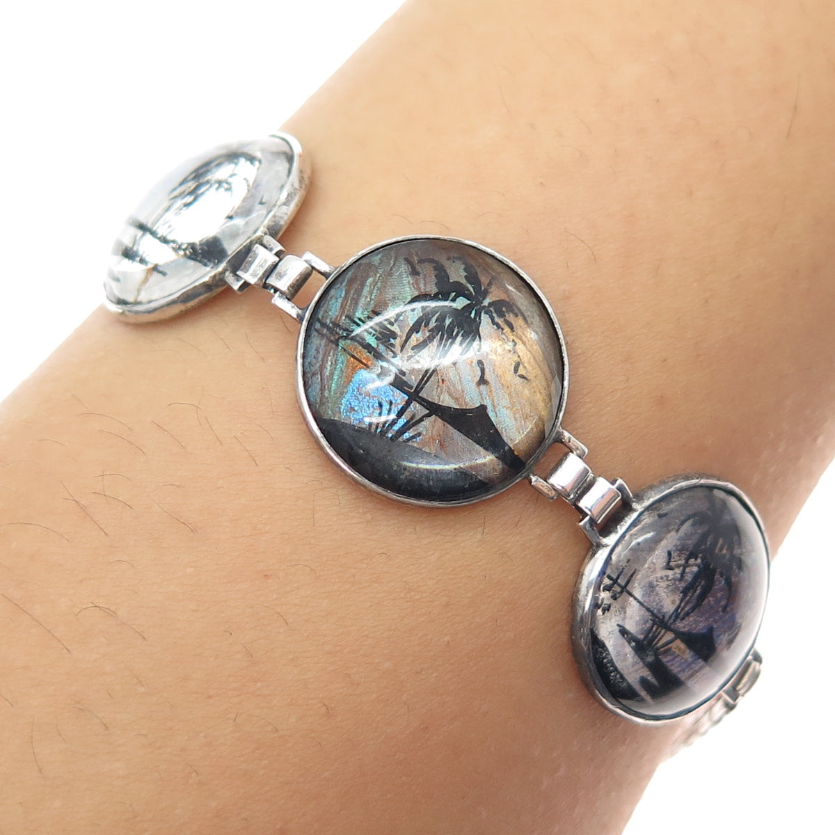 925 Sterling Antique Art Deco Monarch Butterfly Wing Sunset Bracelet 6.75"