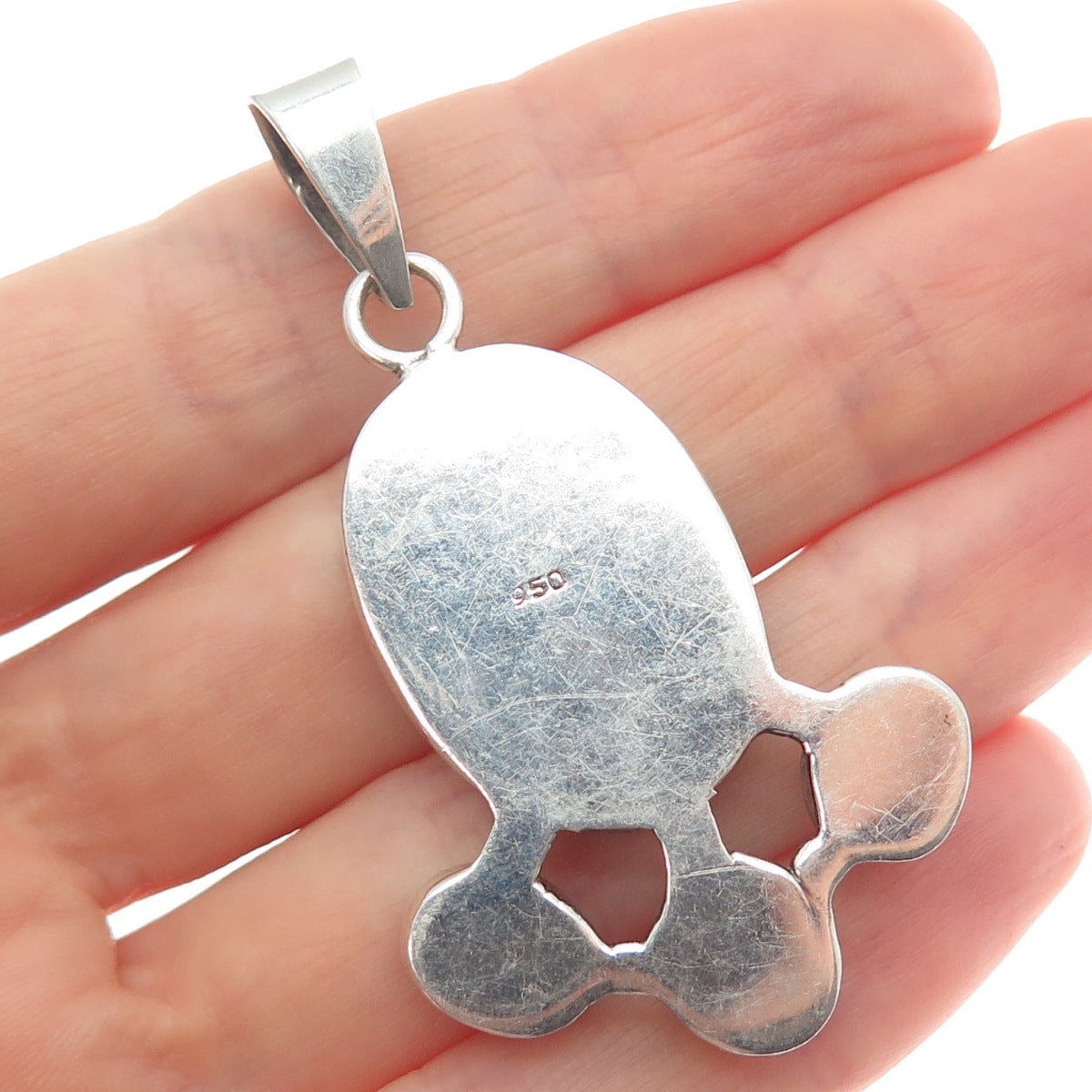 950 Silver Vintage Real Turquoise & Hand-Painted Ceramic Modernist Pendant
