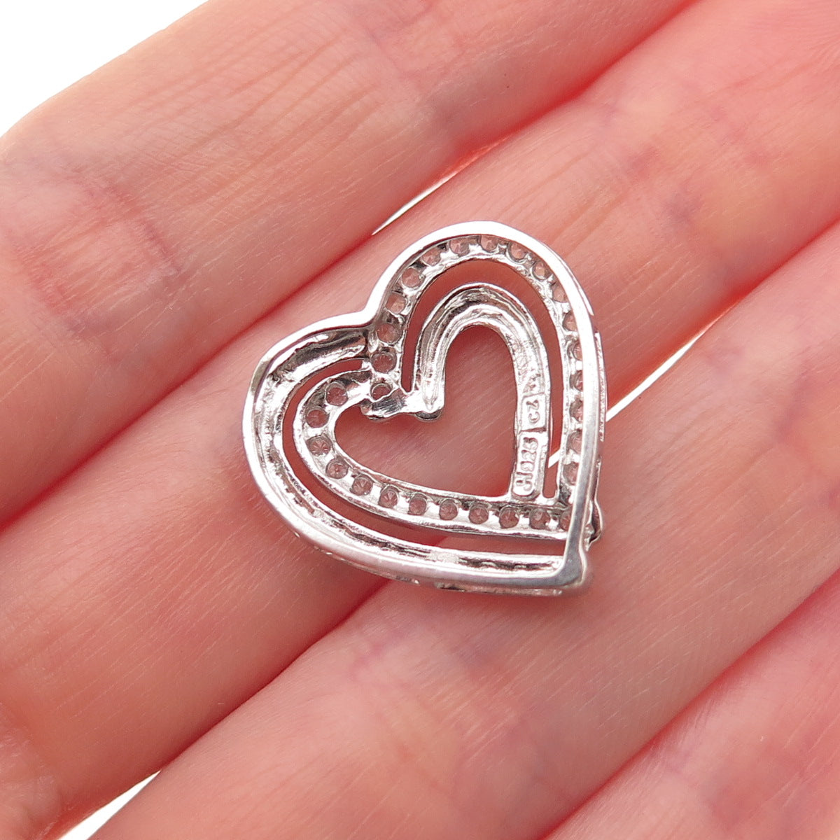 JH Young 925 Sterling Silver Round-Cut C Z Double Heart Mini Slide Charm Pendant