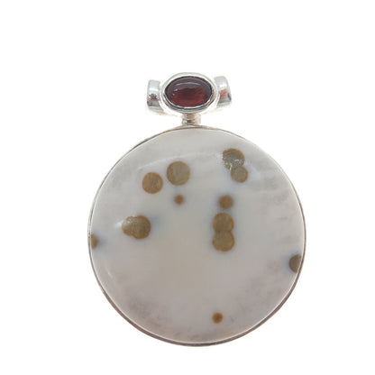 925 Sterling Silver Vintage Real Agate & Red Garnet Modernist Slide Pendant