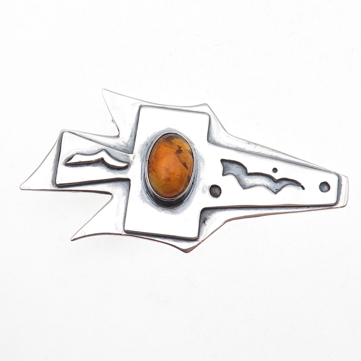 925 Sterling Silver Vintage Real Amber Modernist Cross Pin Brooch / Pendant