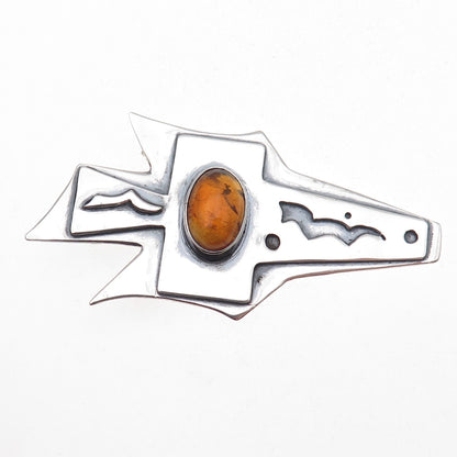925 Sterling Silver Vintage Real Amber Modernist Cross Pin Brooch / Pendant