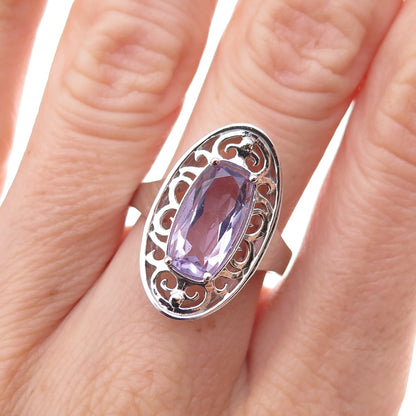 925 Sterling Silver Mexico Real Amethyst Floral Scroll Ring Size 7