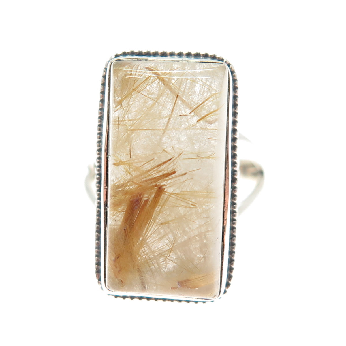 925 Sterling Silver Vintage Real Rutilated Quartz Swirl Oxidized Ring Size 8