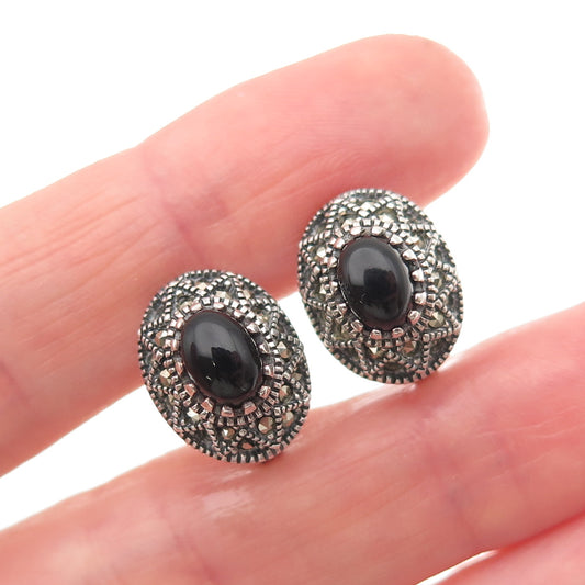 925 Sterling Silver Vintage Real Black Onyx & Marcasite Sun Oxidized Earrings