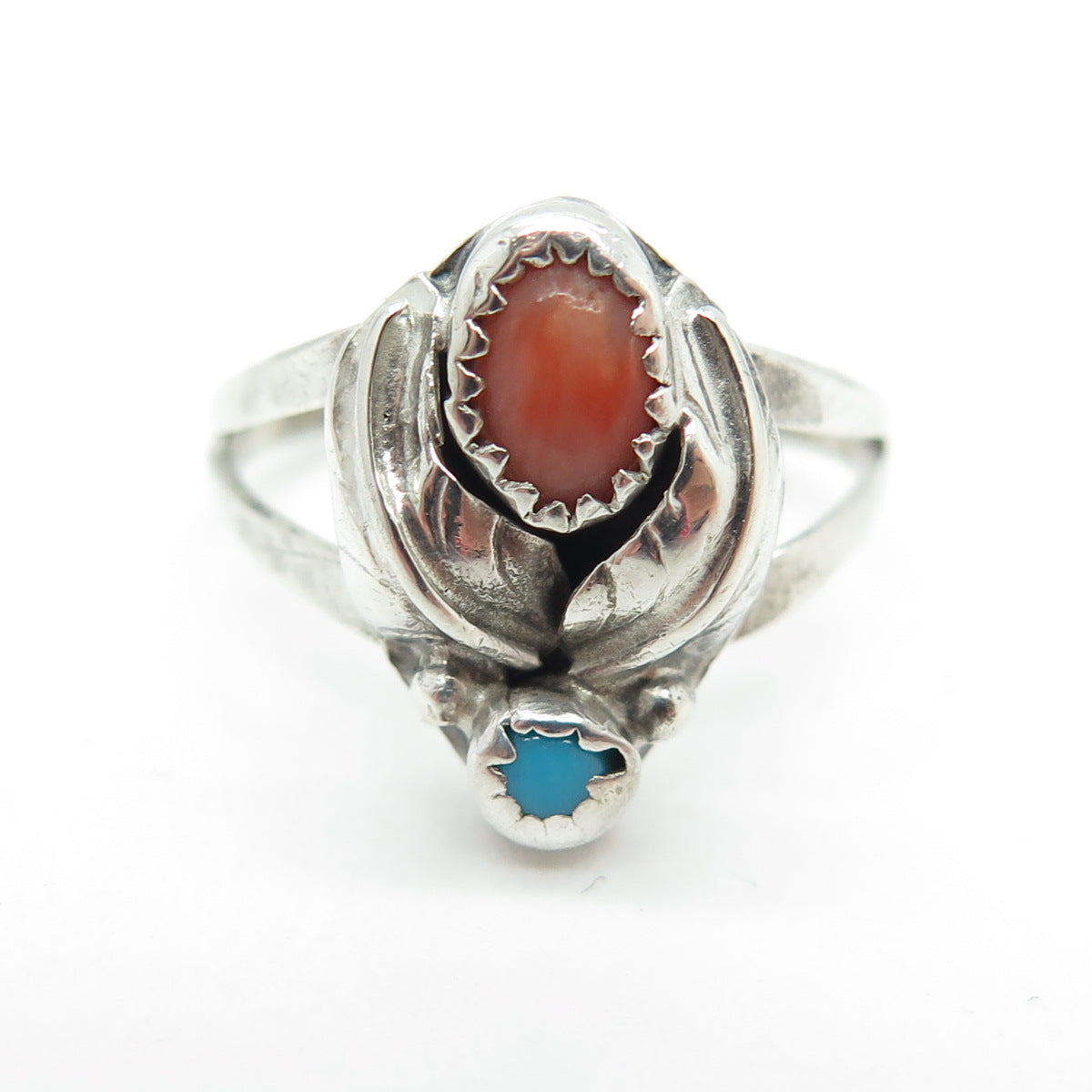 Old Pawn Sterling Southwestern Turquoise Coral Snake Eye Feather Ring Size 5.75