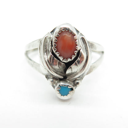 Old Pawn Sterling Southwestern Turquoise Coral Snake Eye Feather Ring Size 5.75