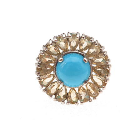 Chuck Clemency 925 Sterling Silver Real Turquoise & Citrine Floral Ring Size 8