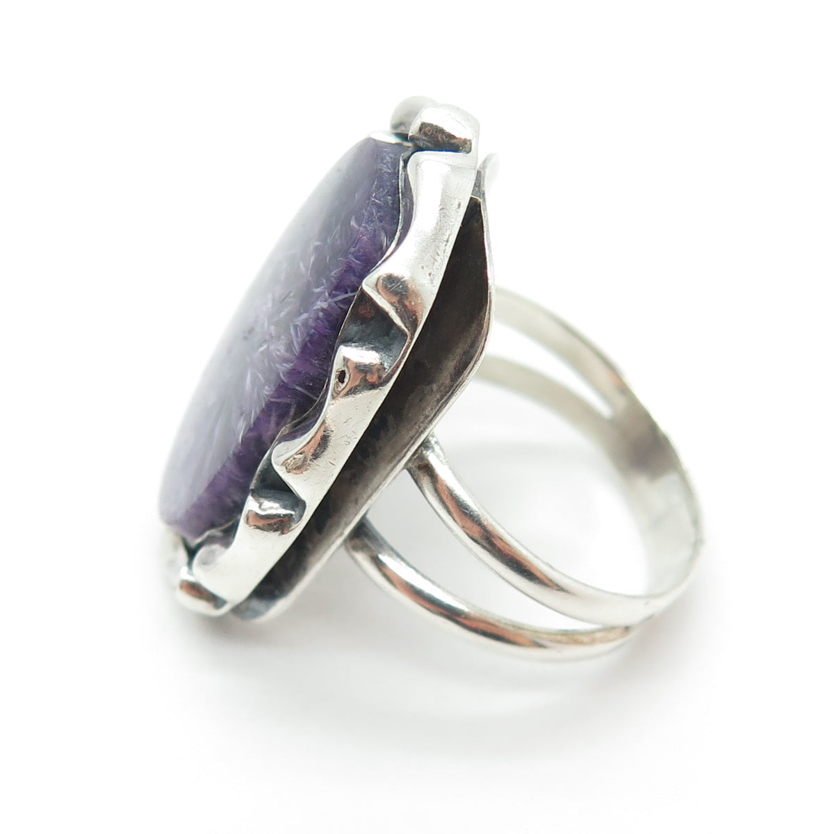 925 Sterling Silver Vintage Real Charoite Gemstone Modernist Ring Size 10.5