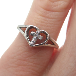 925 Sterling Silver Round-Cut C Z Heart Cross Ring Size 4.25