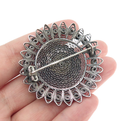 800 Silver Antique Egypt Real Red Agate Gemstone Filigree Pin Brooch