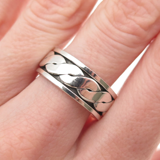 925 Sterling Silver Vintage Woven Oxidized Rotating Band Ring Size 9