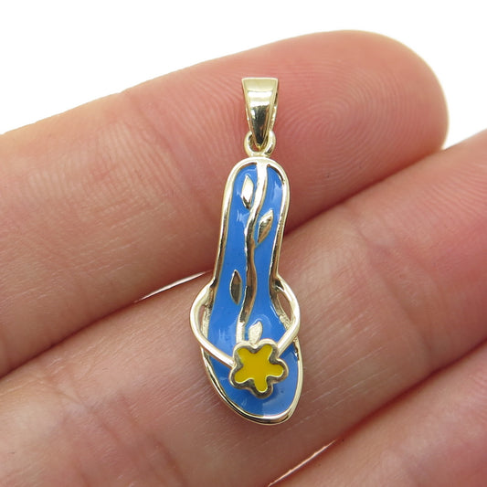 14K Yellow Gold Enamel Flip Flop Floral Minimalist Charm Pendant