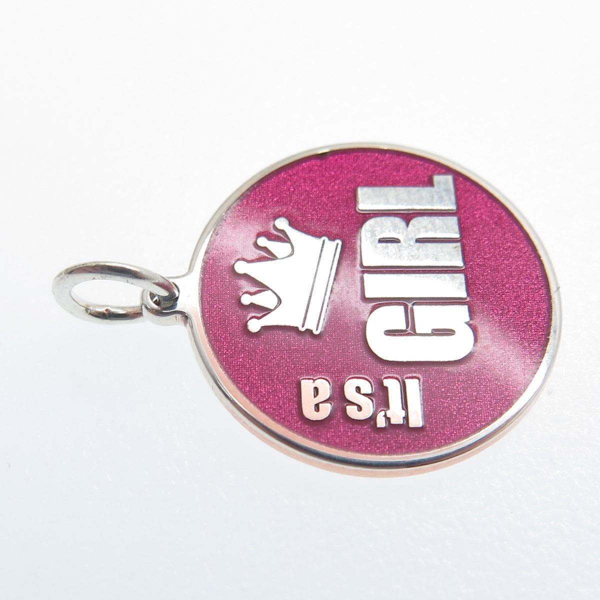 925 Sterling Silver Pink Enamel "It's A Girl" Round Tag Minimalist Charm Pendant