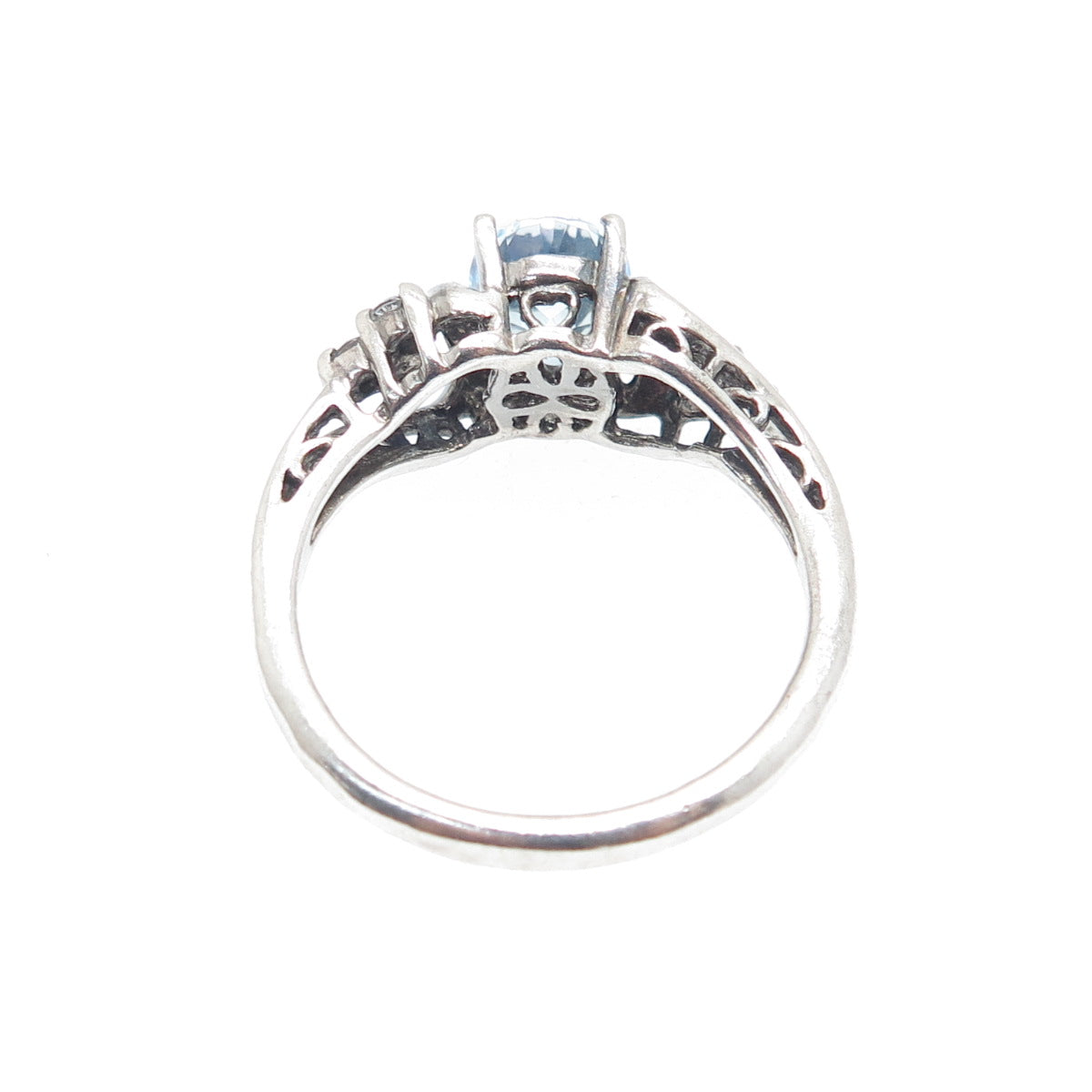 SUN 925 Sterling Silver Vintage Real Blue & White Topaz Oxidized Ring Size 7.75