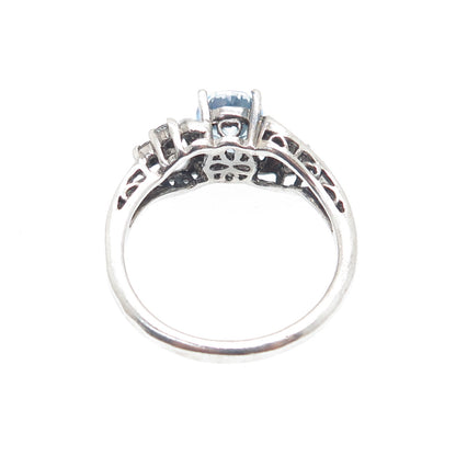 SUN 925 Sterling Silver Vintage Real Blue & White Topaz Oxidized Ring Size 7.75