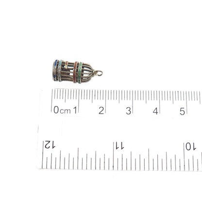 925 Sterling Gold Plated Antique China Enamel Bird Cage Minimalist 3D Pendant
