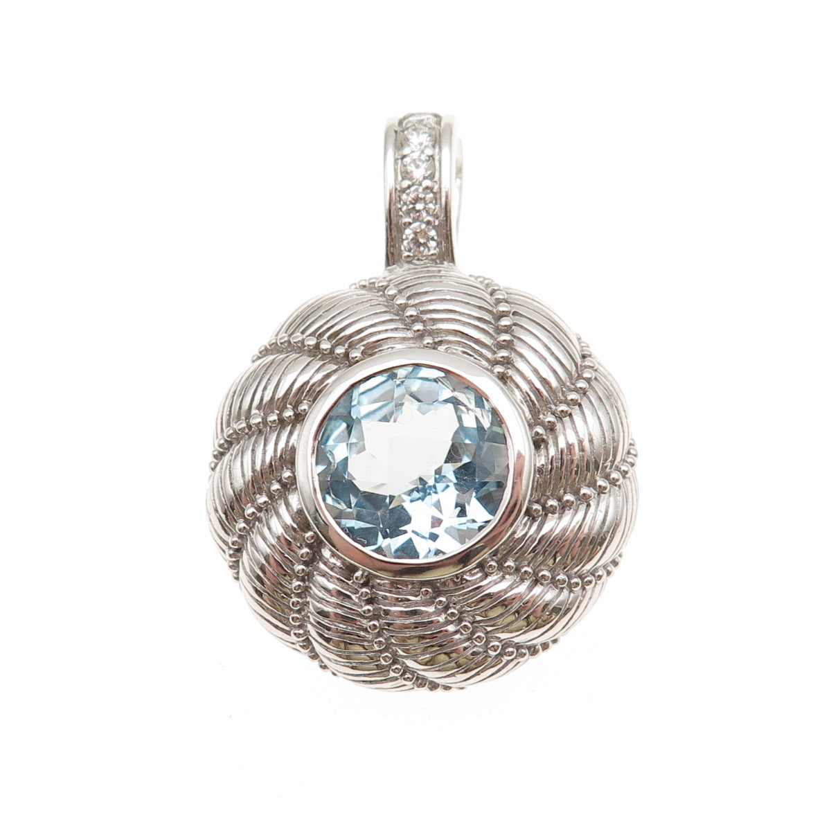 Judith Ripka 925 Sterling Silver Real Blue Topaz & C Z Round Disc Pendant