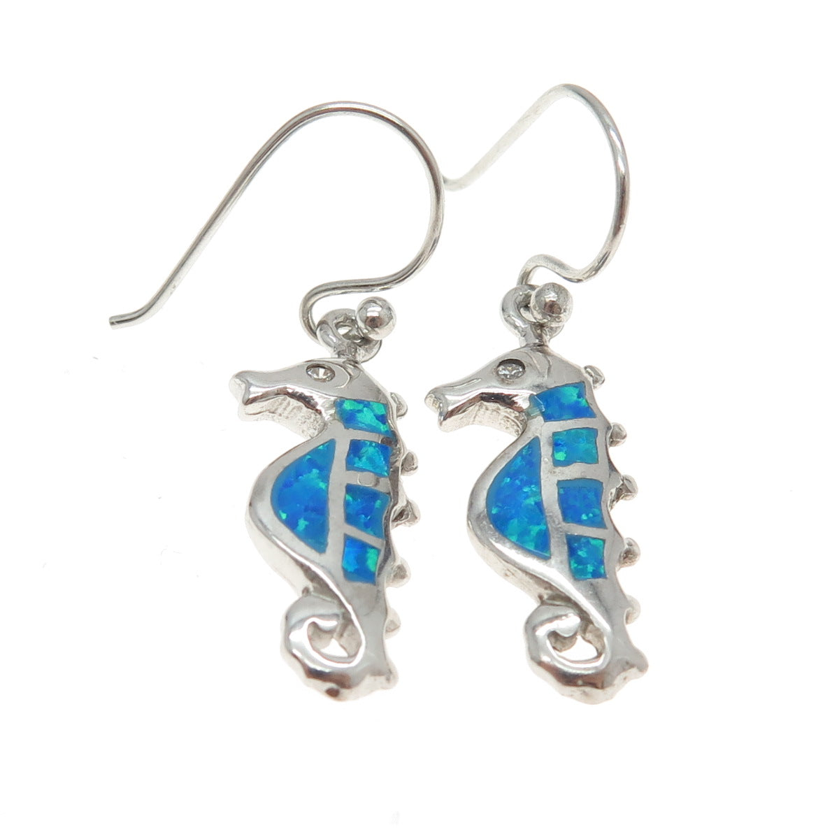 925 Sterling Silver Real Opal & C Z Seahorse Dangling Earrings