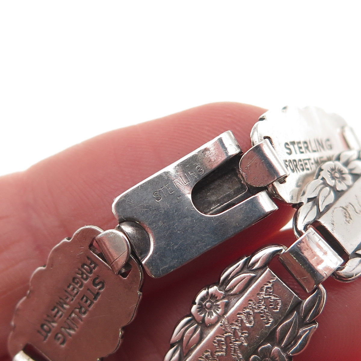925 Sterling Silver Antique Art Deco Forget Me Not Engraved Link Bracelet 7.5"