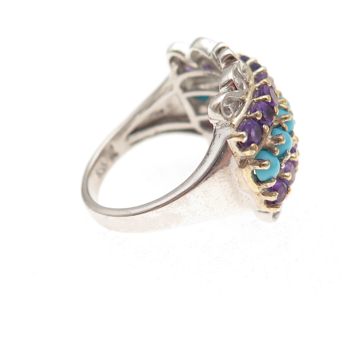 Chuck Clemency 925 Sterling Silver 2-Tone Real Turquoise Amethyst Ring Size 7.25