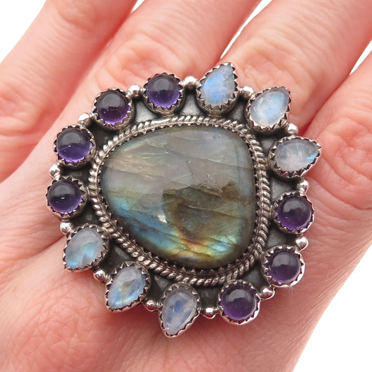 925 Sterling Vintage Real Labradorite Moonstone Amethyst Statement Ring Size 8