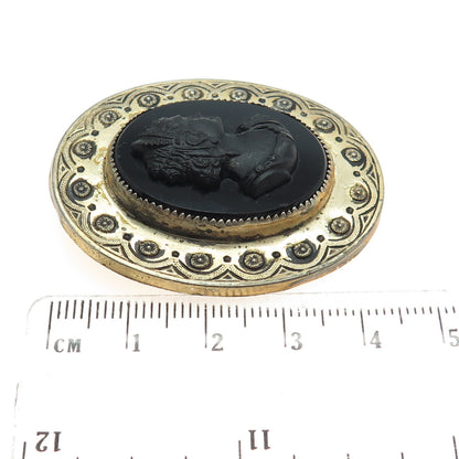 CORO 925 Sterling Silver Gold Plated Antique Art Deco Black Onyx Cameo Brooch