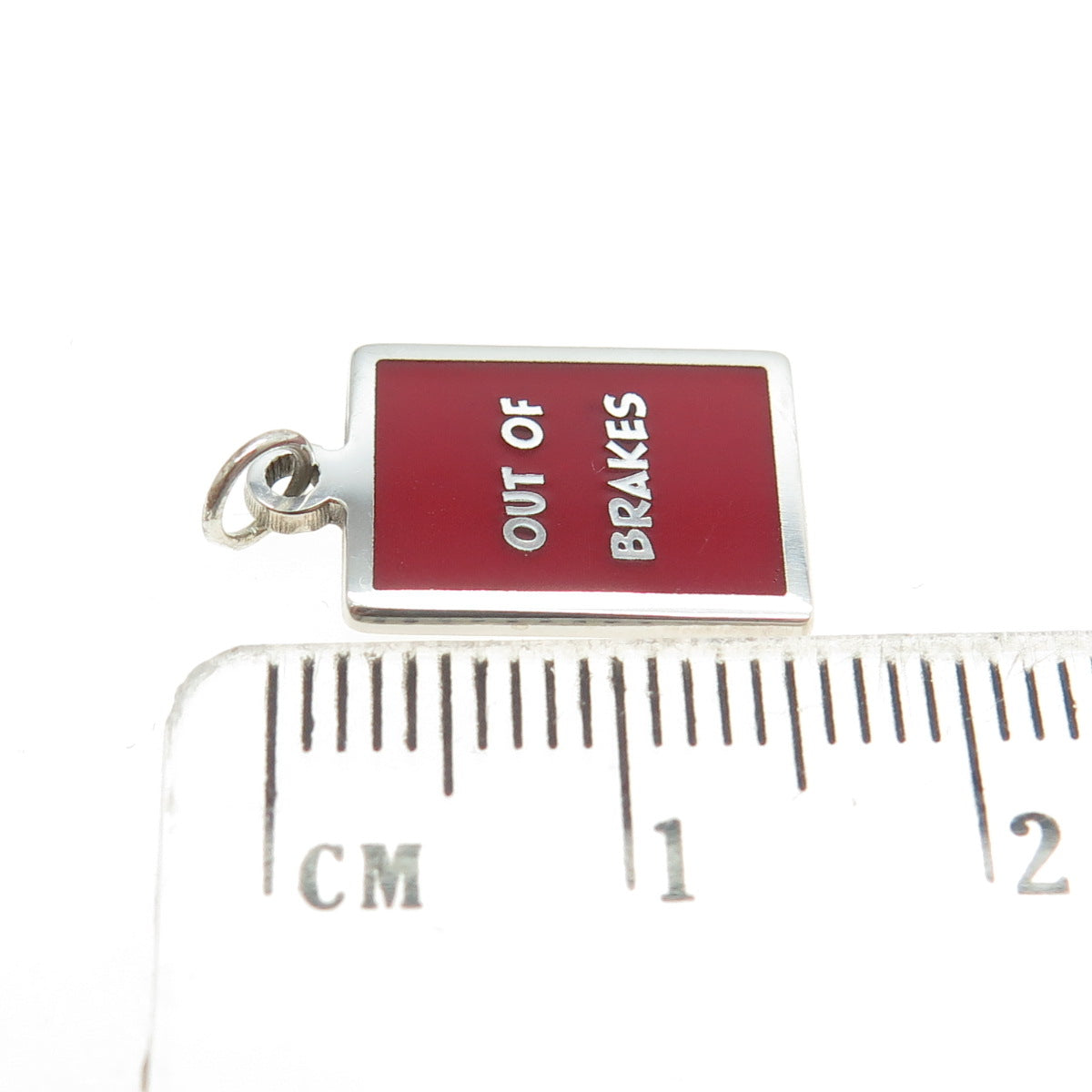 925 Sterling Silver Red Enamel "Out Of Brakes" Minimalist Charm Pendant