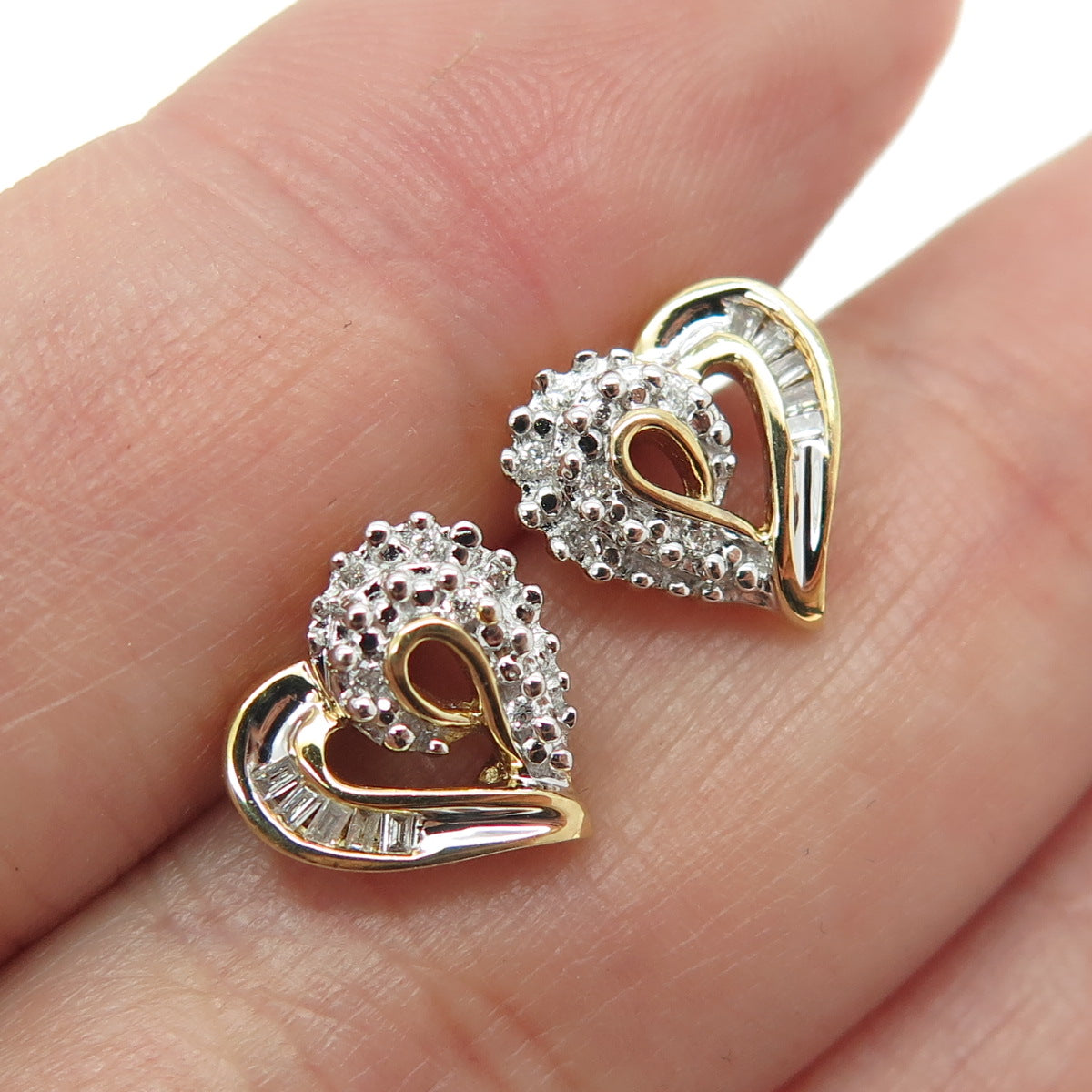 SUN Sterling Silver Gold Plated Real Round & Baguette-Cut Diamond Heart Earrings