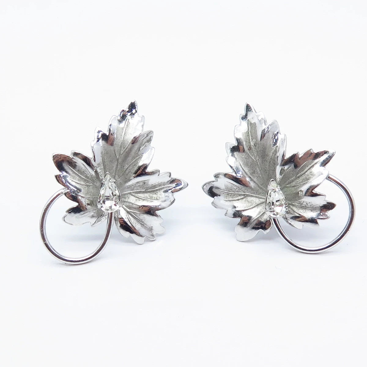 925 Sterling Silver Vintage Carl Art C Z Leaf Screw Back Earrings