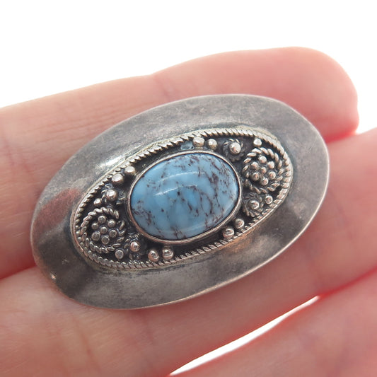 935 Silver Vintage Israel Faux Turquoise Beaded Oxidized Oval Pin Brooch