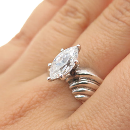 925 Sterling Silver Vintage Marquise-Cut C Z Modernist Oxidized Ring Size 10