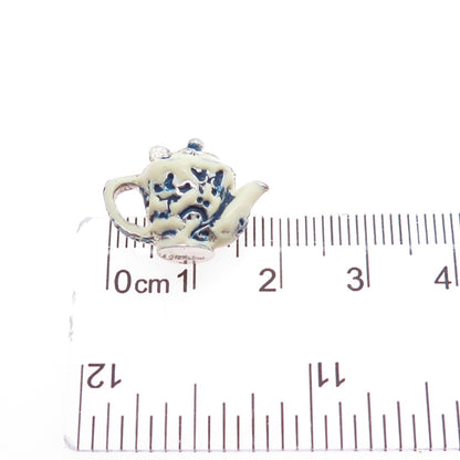 925 Sterling Silver Vintage Enamel Teapot Movable Minimalist 3D Charm Pendant