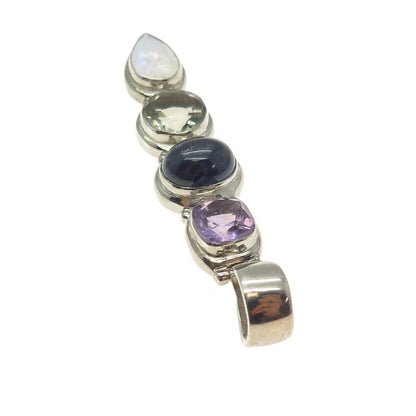 925 Sterling Silver Vintage Real Green Purple Amethyst Iolite Moonstone Pendant