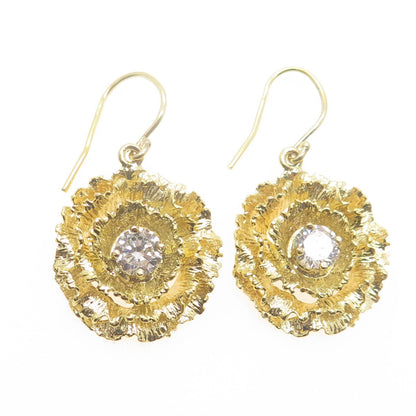 925 Sterling Silver Gold Plated Round-Cut C Z Flower Dangle Earrings