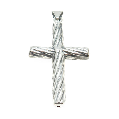 925 Sterling Silver Vintage Italy Ribbed Cross 3D Pendant