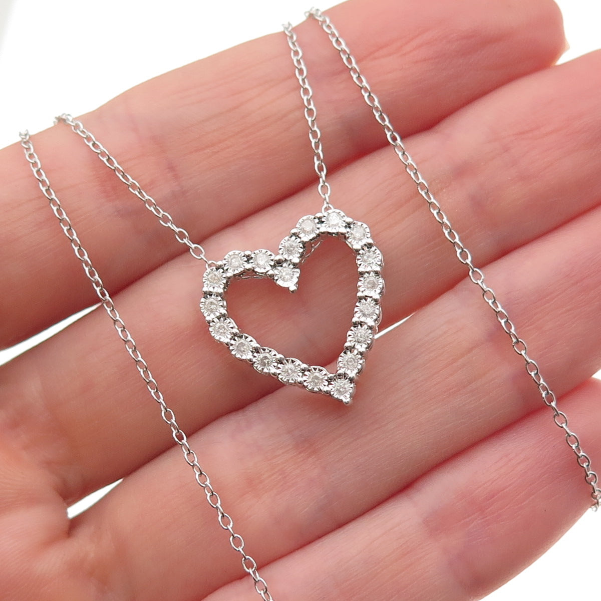 925 Sterling Silver Real Round-Cut Diamond Heart Cable Chain Necklace 18"