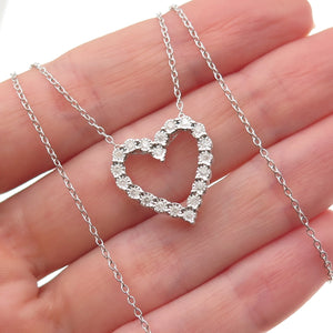 925 Sterling Silver Real Round-Cut Diamond Heart Cable Chain Necklace 18"